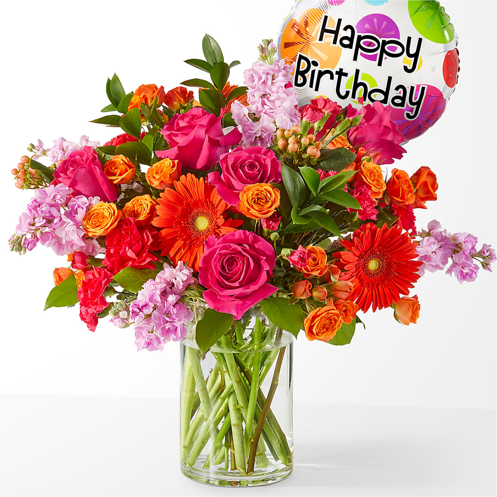 Fiesta Bouquet with Birthday Balloon – Dejavu Florist And Balloons, Durham NC