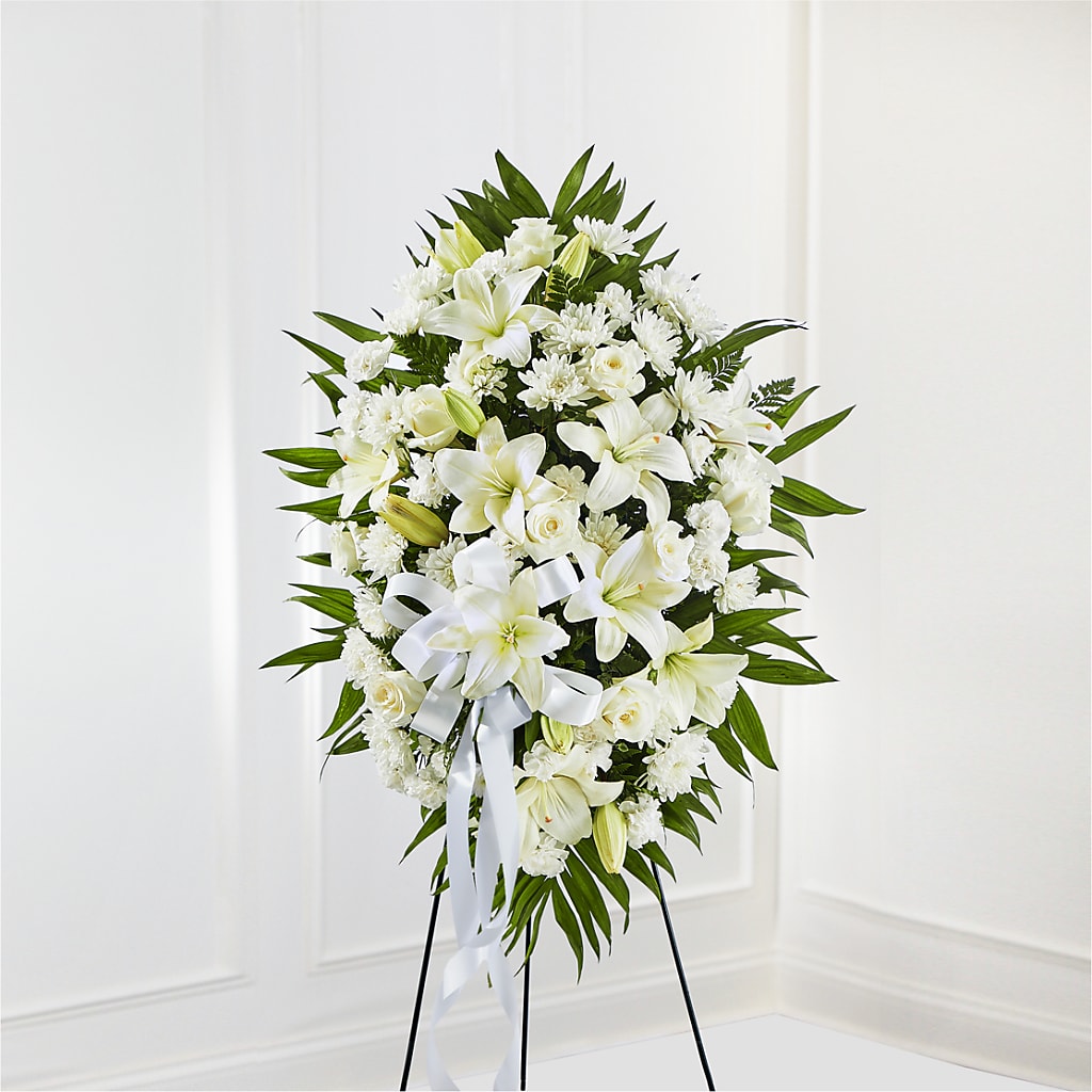 Exquisite Tribute Standing Spray-White Ribbon – Dejavu Florist And Balloons, Durham NC