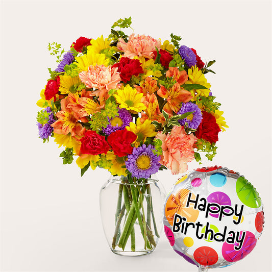 Kaleidoscope Bouquet with Birthday Balloon –  Dejavu Florist And Balloons, Durham NC