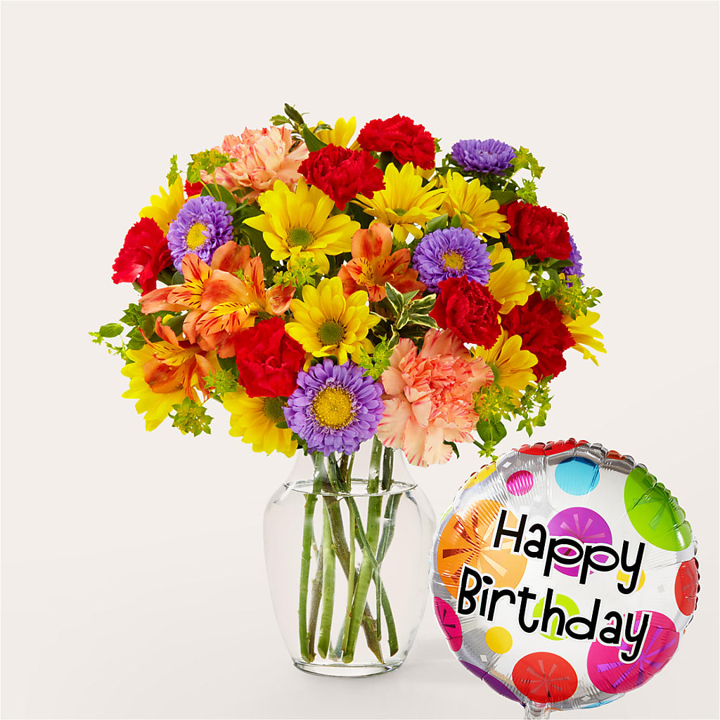 Kaleidoscope Bouquet with Birthday Balloon –  Dejavu Florist And Balloons, Durham NC