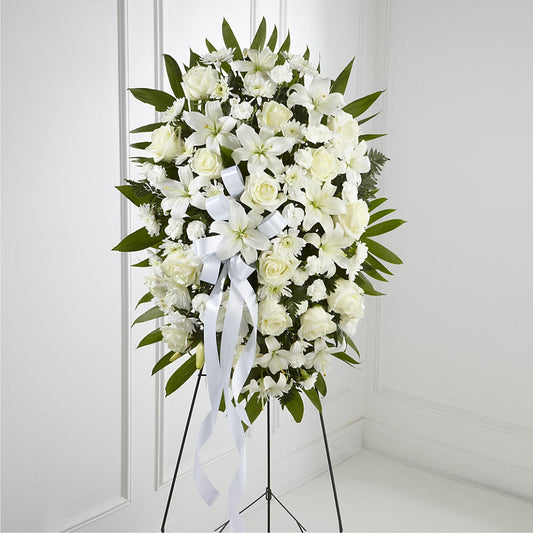Exquisite Tribute Standing Spray-White Ribbon –  Dejavu Florist And Balloons, Durham NC
