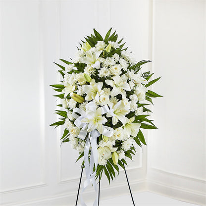 Exquisite Tribute Standing Spray-White Ribbon –  Dejavu Florist And Balloons, Durham NC