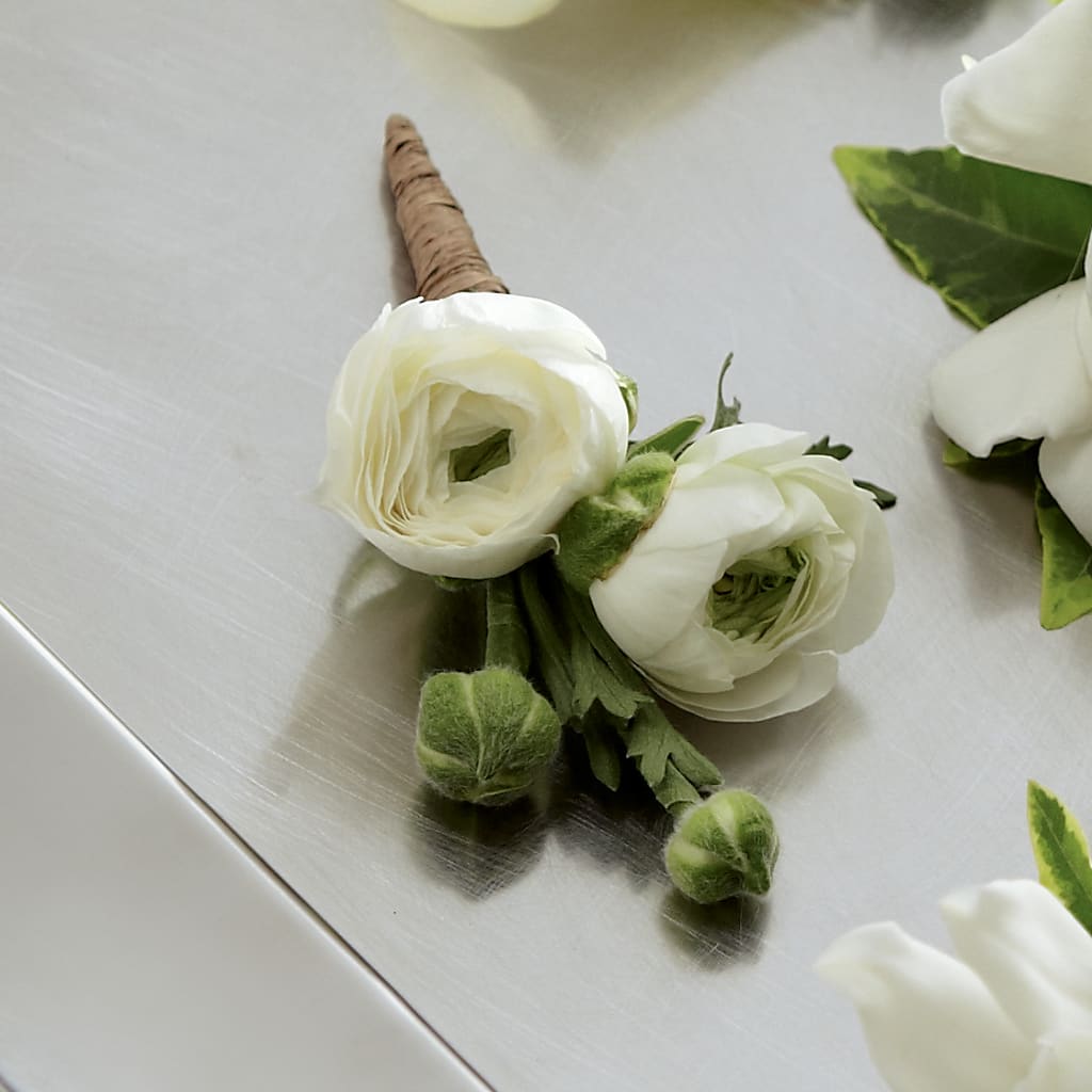 White Ranunculus Boutonniere –  Dejavu Florist And Balloons, Durham NC