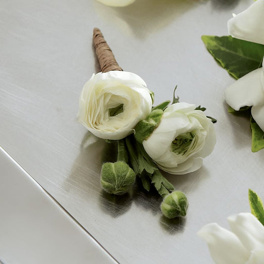 White Ranunculus Boutonniere –  Dejavu Florist And Balloons, Durham NC